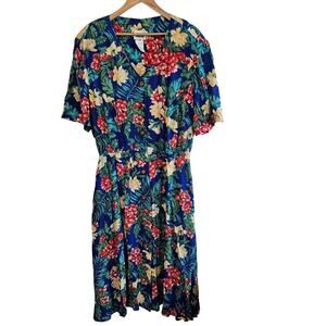 Vintage Leslie Fay Shirt Dress Women 20W Blue Floral 90s Midi Rockabilly Retro